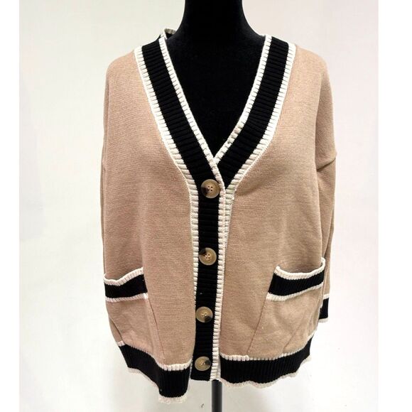 tan cardigan with black and white trim detail - Picture 1 of 7